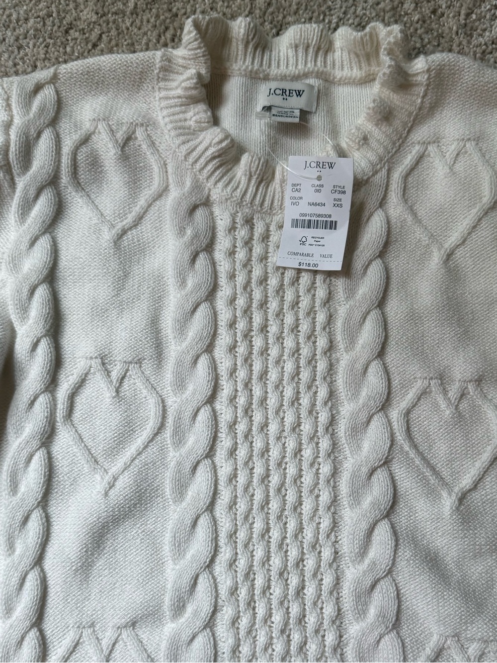 NWT J. Crew Cream Ruffle Neck Cable-Knit Heart Crewneck Sweater